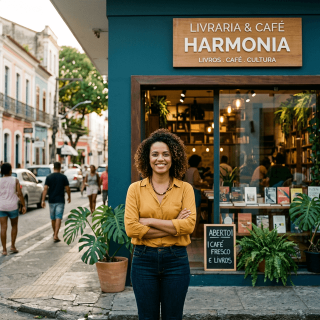Empreendedora brasileira em frente ao seu negócio