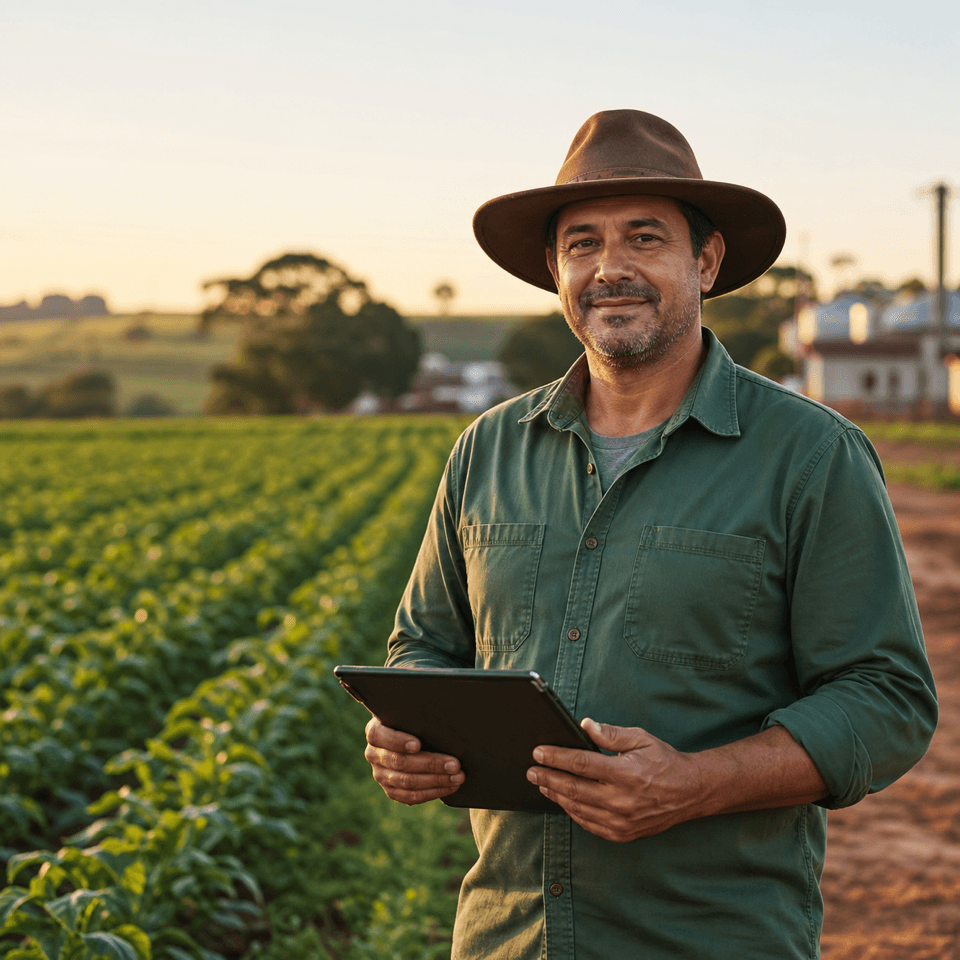 Produtor rural brasileiro analisando sua propriedade com tablet