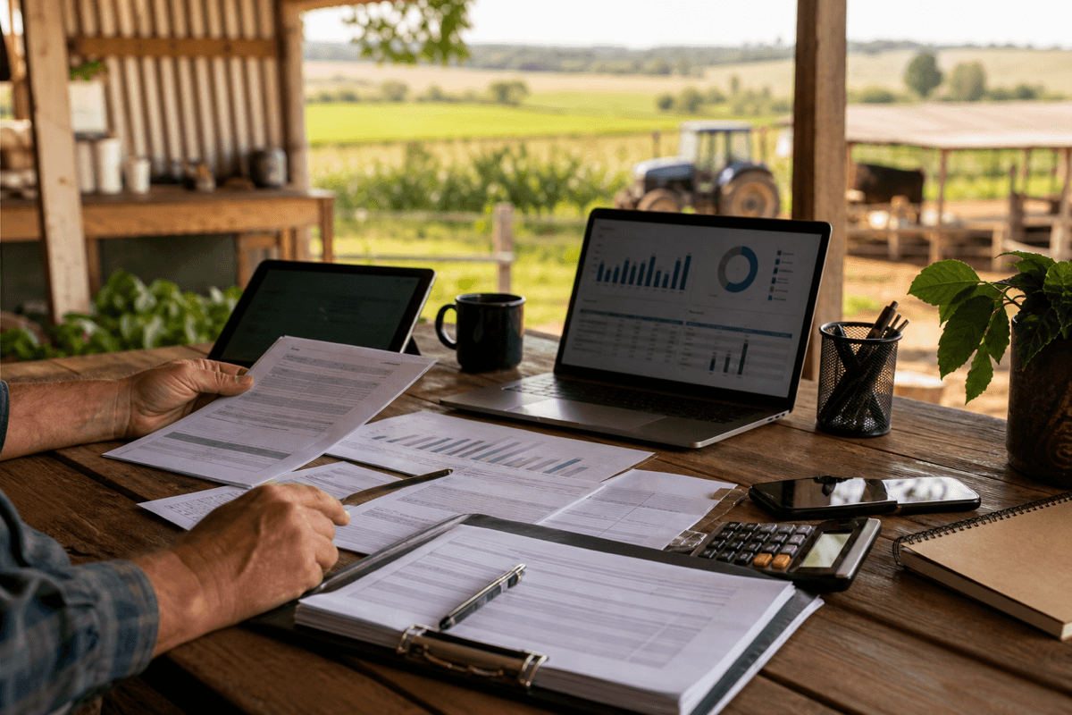 Documentos fiscais e planejamento financeiro em mesa de propriedade rural